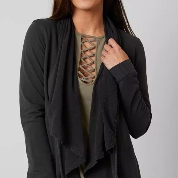 Olive + Oak Gray Pieced Hoodie Jacket Open Front Drawstring Hem Med the buckle - Picture 3 of 10